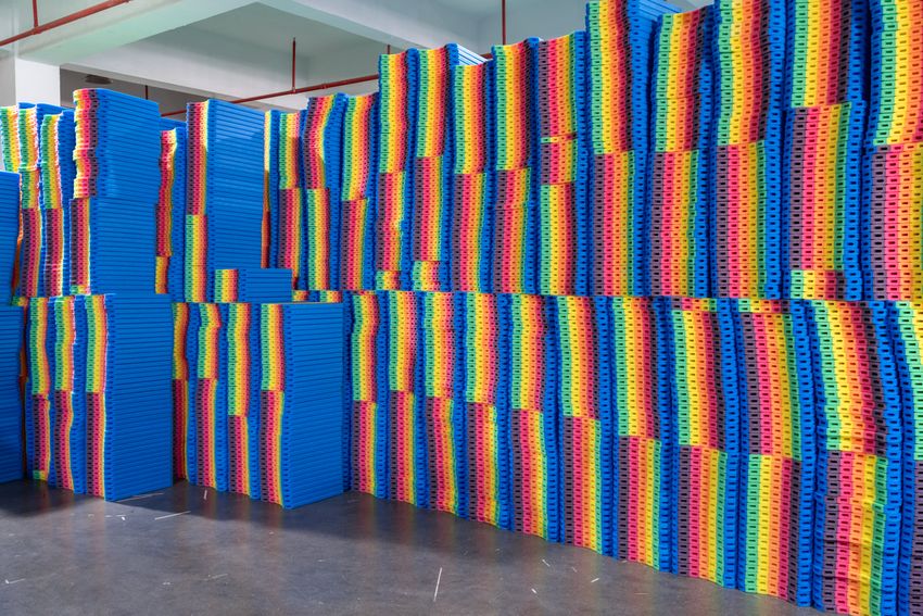Colorful stacked products organized inside the ODEN factory